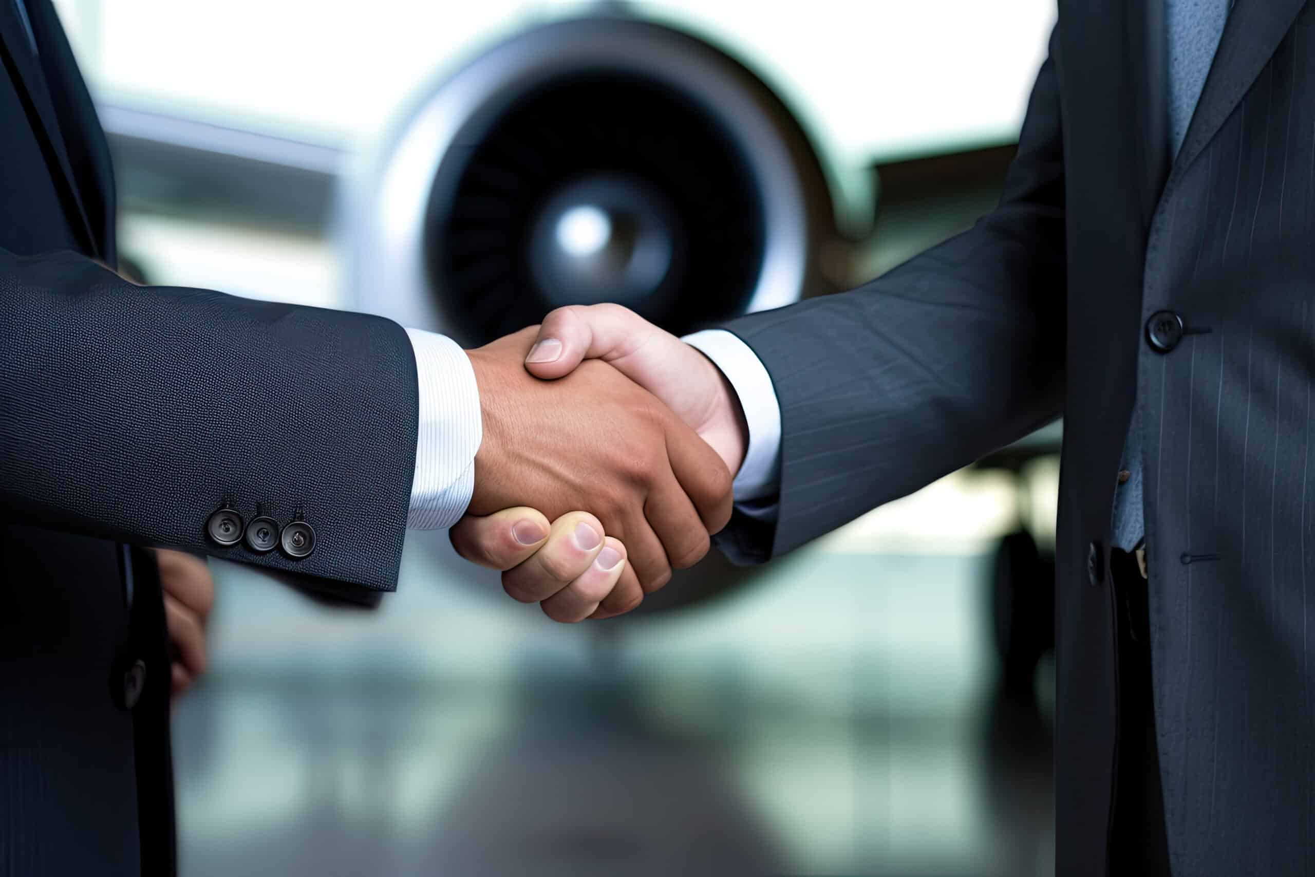 Business people shaking hands in an airplane hangar Business people shaking hands in an airplane hangar