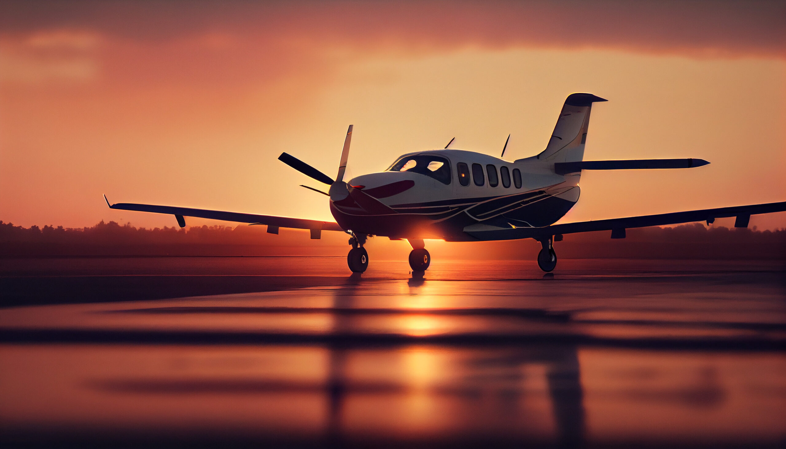 A small private plane is sitting on the runway at sunset or dawn Ai generated image